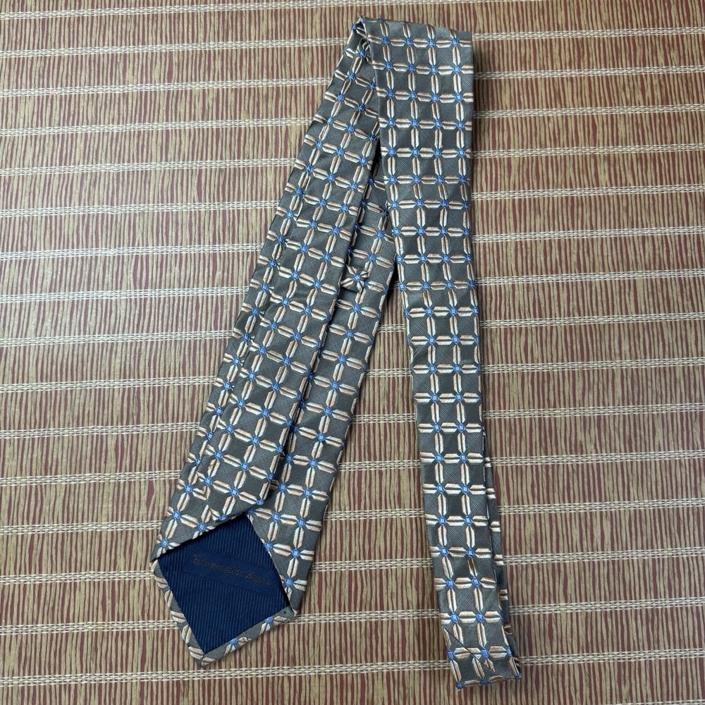 Ermenegildo Zegna Geometric 100% Silk Neck Tie Tan Blue 60 X 3.5 " - Picture 4 of 7